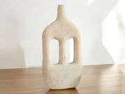 Handmade Large Abstract Ecru Cutout Candlestick Sculpture in Raw Moroccan Tamegroute Pottery, Unglazed Ceramic Craftsmanship