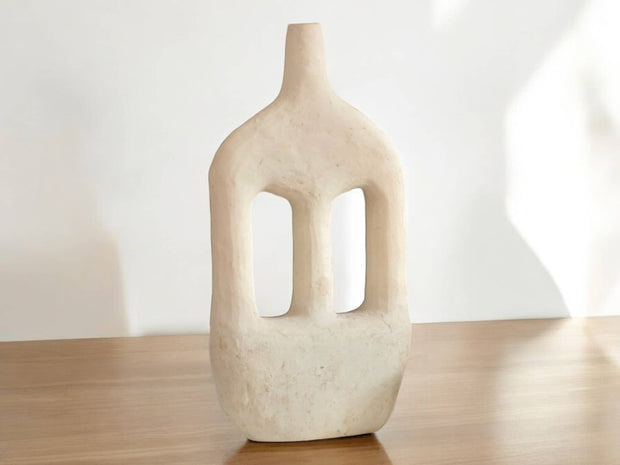 Handmade Large Abstract Ecru Cutout Candlestick Sculpture in Raw Moroccan Tamegroute Pottery, Unglazed Ceramic Craftsmanship