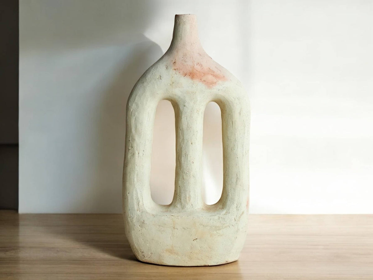 Handmade Large Abstract Ecru Cutout Candlestick Sculpture in Raw Moroccan Tamegroute Pottery, Unglazed Ceramic Craftsmanship