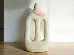 Handmade Large Abstract Ecru Cutout Candlestick Sculpture in Raw Moroccan Tamegroute Pottery, Unglazed Ceramic Craftsmanship