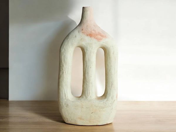 Handmade Large Abstract Ecru Cutout Candlestick Sculpture in Raw Moroccan Tamegroute Pottery, Unglazed Ceramic Craftsmanship