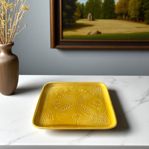 Premium Hand-Engraved Yellow Moroccan Square Plate (Available in 3 Sizes)