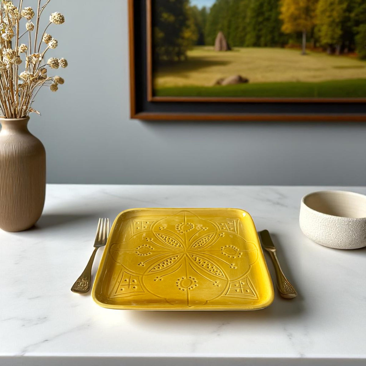 Premium Hand-Engraved Yellow Moroccan Square Plate (Available in 3 Sizes)