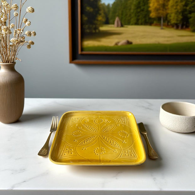 Premium Hand-Engraved Yellow Moroccan Square Plate (Available in 3 Sizes)