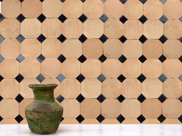 Handcrafted Natural & Black Moroccan Zellige Tiles – Octagon & Bouchon Patterns