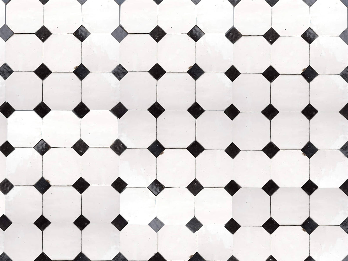 Handcrafted White & Black Moroccan Zellige Tiles – Octagon & Bouchon Patterns