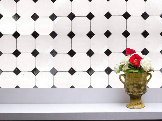 Handcrafted White & Black Moroccan Zellige Tiles – Octagon & Bouchon Patterns