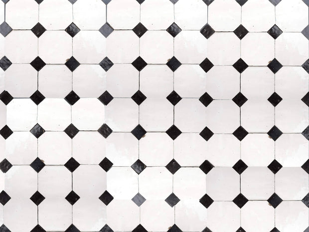 Handcrafted White & Black Moroccan Zellige Tiles – Octagon & Bouchon Patterns
