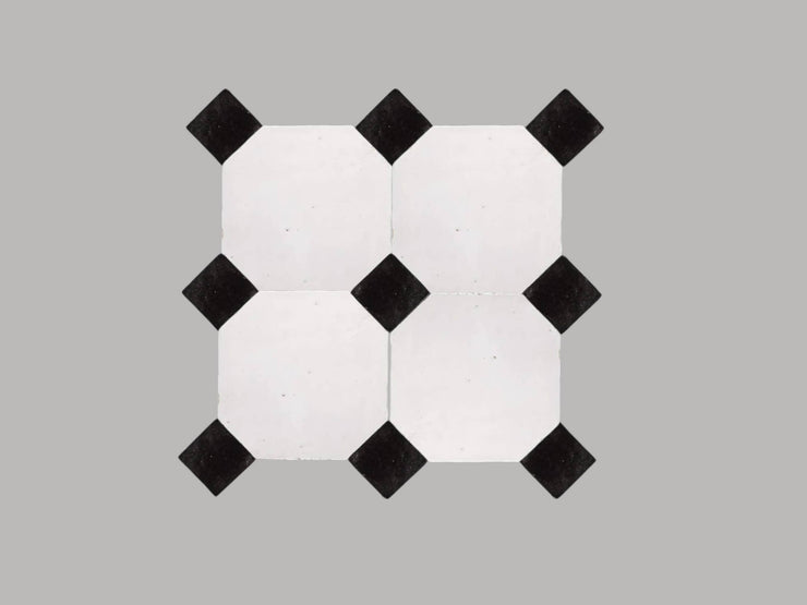 Handcrafted White & Black Moroccan Zellige Tiles – Octagon & Bouchon Patterns