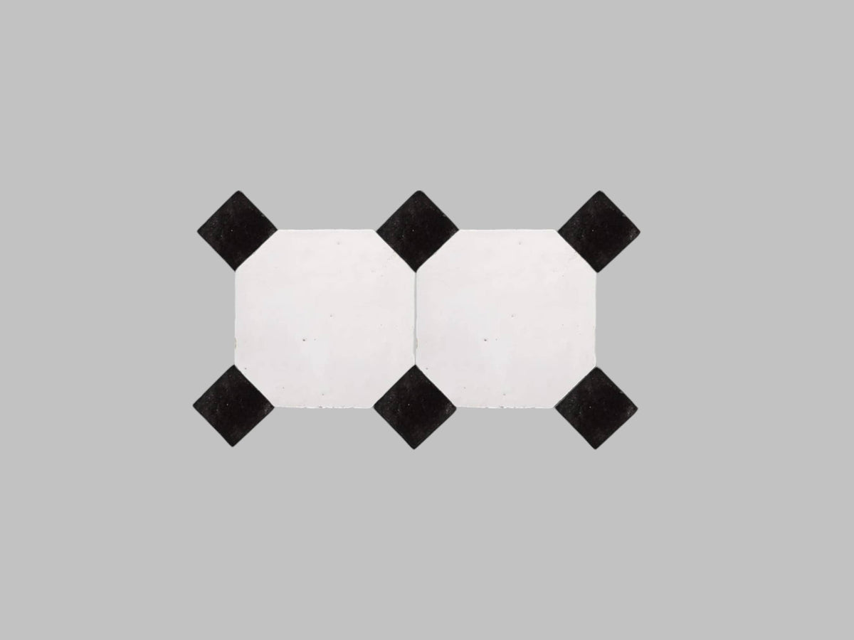 Handcrafted White & Black Moroccan Zellige Tiles – Octagon & Bouchon Patterns