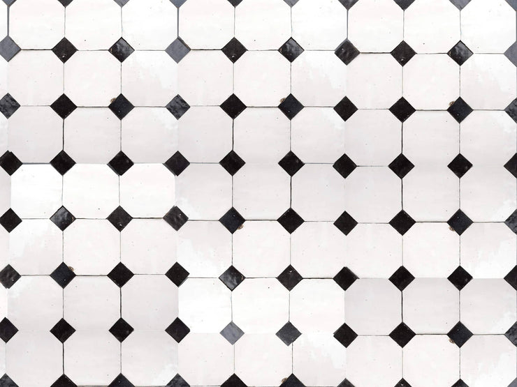 Handcrafted White & Black Moroccan Zellige Tiles – Octagon & Bouchon Patterns