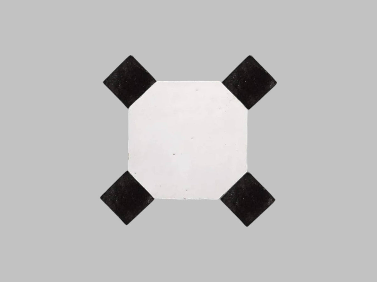 Handcrafted White & Black Moroccan Zellige Tiles – Octagon & Bouchon Patterns