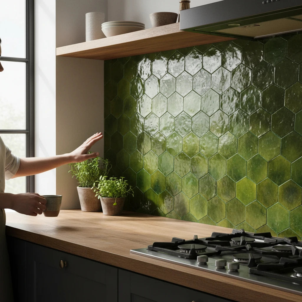 handmade green hexagon moroccan zellige tile glossy glazed terracotta
