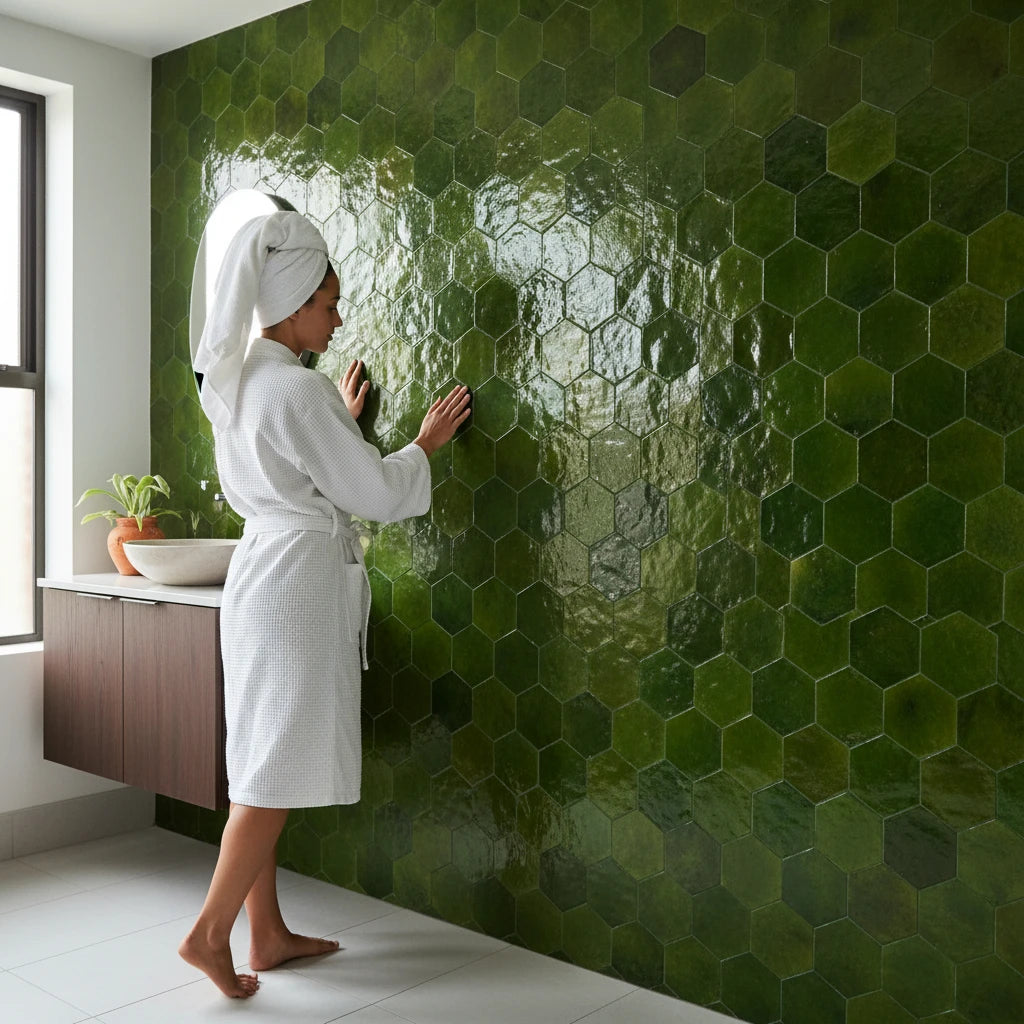 handmade green hexagon moroccan zellige tile glossy glazed terracotta