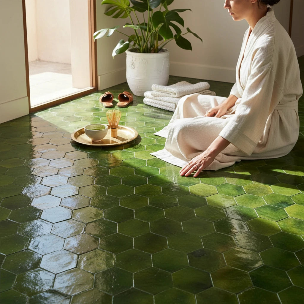 handmade green hexagon moroccan zellige tile glossy glazed terracotta