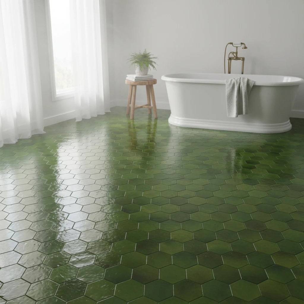 handmade green hexagon moroccan zellige tile glossy glazed terracotta