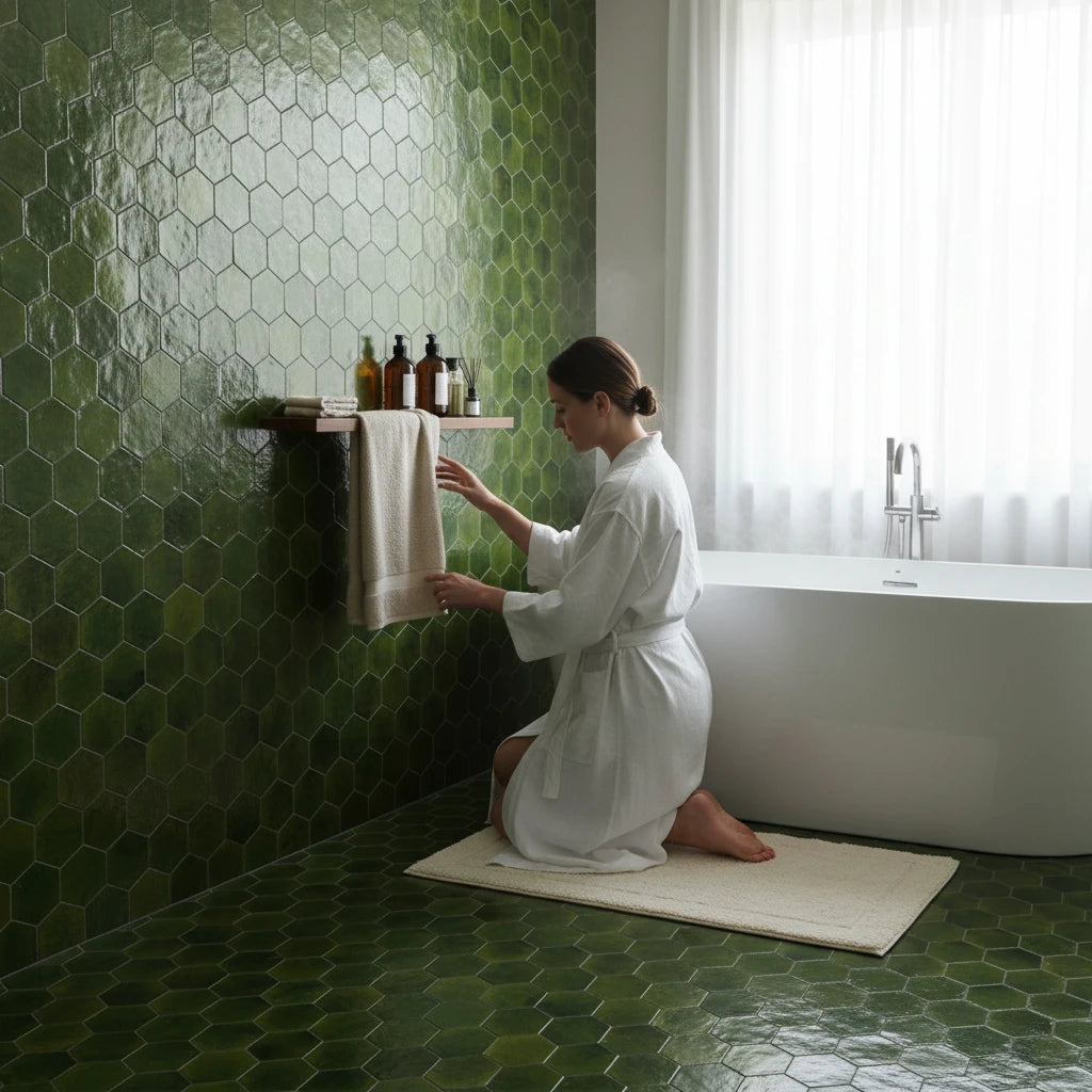 handmade green hexagon moroccan zellige tile glossy glazed terracotta