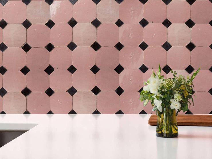 Handcrafted Pink & Black Moroccan Zellige Tiles – Octagon & Bouchon Patterns