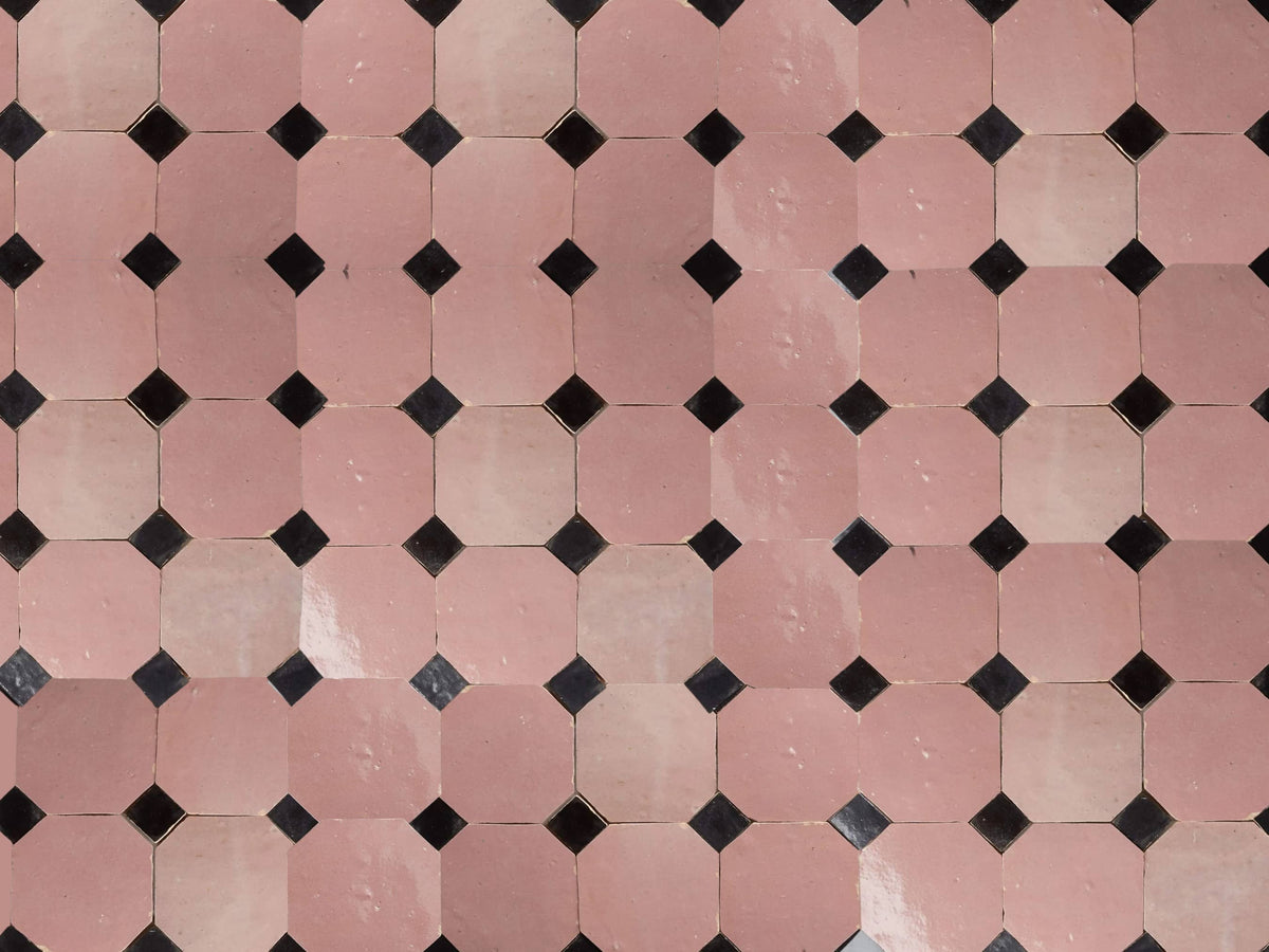 Handcrafted Pink & Black Moroccan Zellige Tiles – Octagon & Bouchon Patterns
