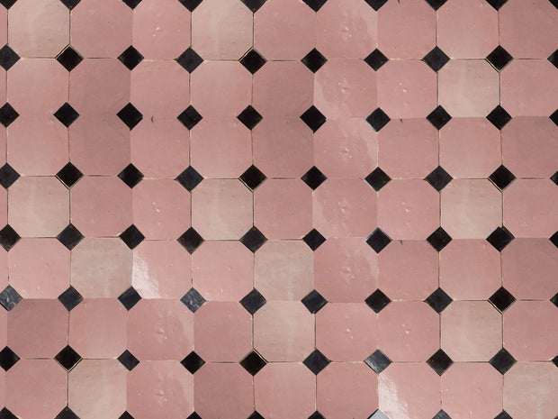 Handcrafted Pink & Black Moroccan Zellige Tiles – Octagon & Bouchon Patterns