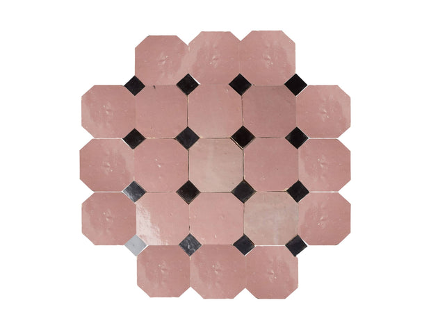 Handcrafted Pink & Black Moroccan Zellige Tiles – Octagon & Bouchon Patterns
