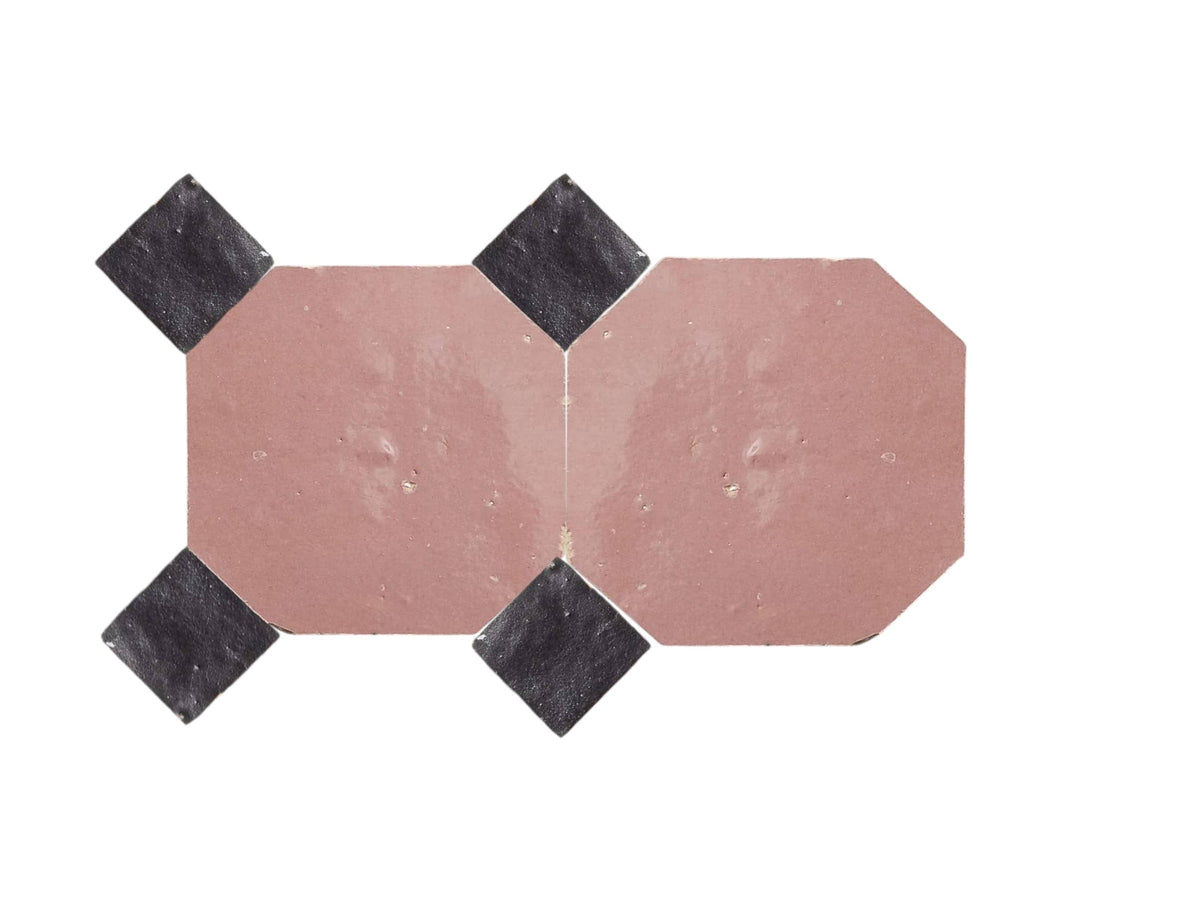 Handcrafted Pink & Black Moroccan Zellige Tiles – Octagon & Bouchon Patterns