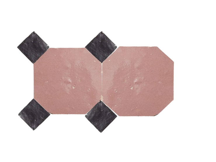 Handcrafted Pink & Black Moroccan Zellige Tiles – Octagon & Bouchon Patterns