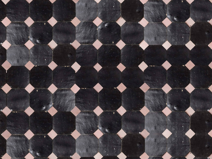 Handcrafted Black & Pink Moroccan Zellige Tiles – Octagon & Bouchon Patterns