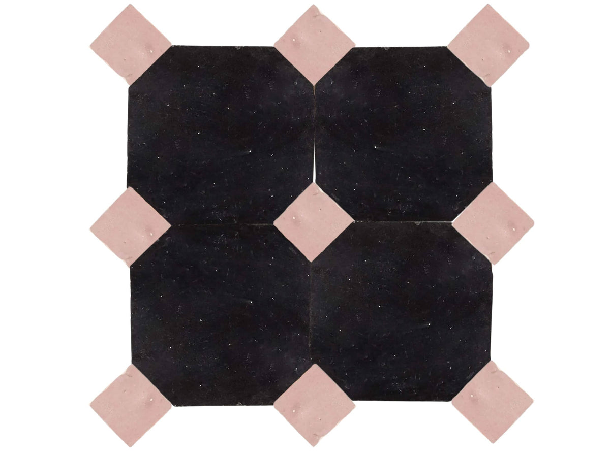 Handcrafted Black & Pink Moroccan Zellige Tiles – Octagon & Bouchon Patterns