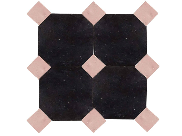 Handcrafted Black & Pink Moroccan Zellige Tiles – Octagon & Bouchon Patterns