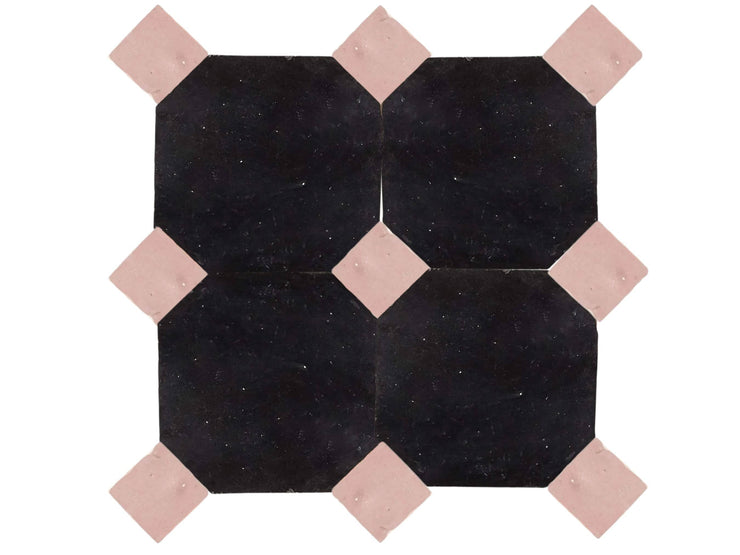 Handcrafted Black & Pink Moroccan Zellige Tiles – Octagon & Bouchon Patterns