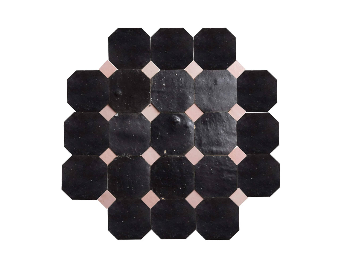 Handcrafted Black & Pink Moroccan Zellige Tiles – Octagon & Bouchon Patterns
