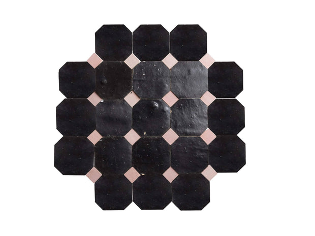 Handcrafted Black & Pink Moroccan Zellige Tiles – Octagon & Bouchon Patterns