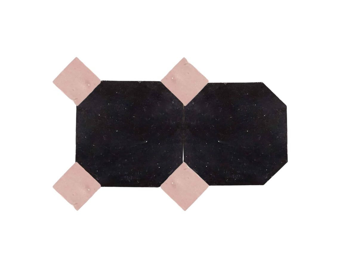 Handcrafted Black & Pink Moroccan Zellige Tiles – Octagon & Bouchon Patterns