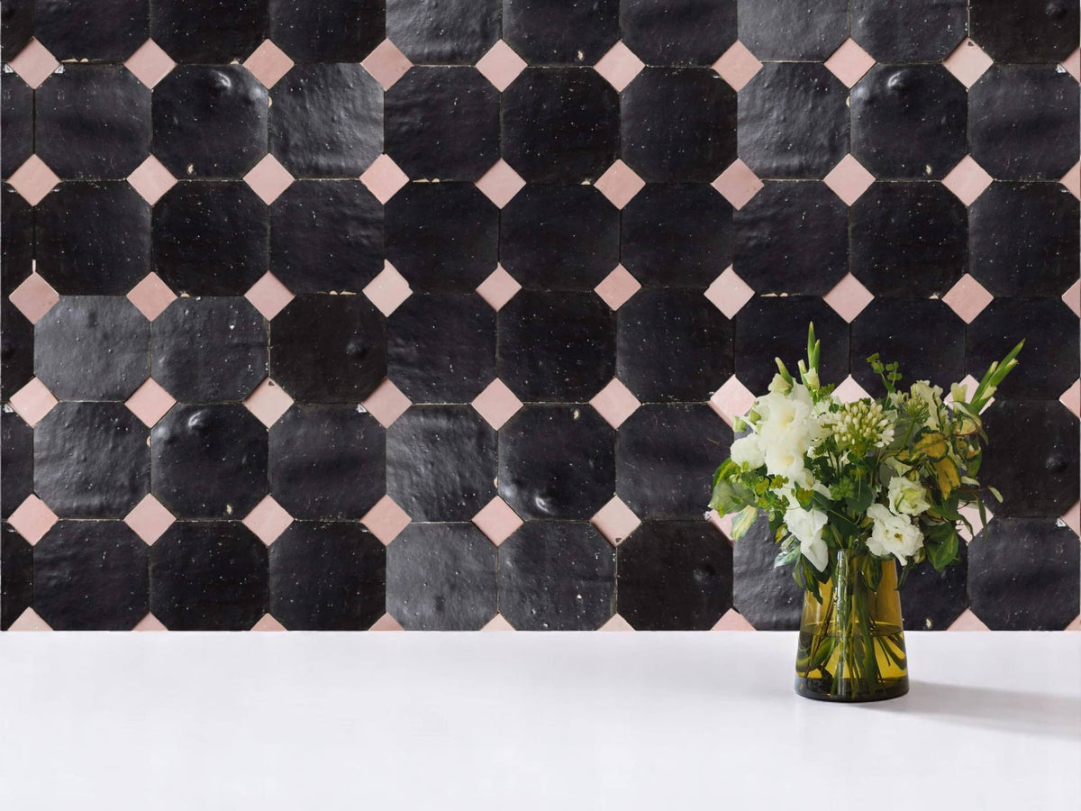 Handcrafted Black & Pink Moroccan Zellige Tiles – Octagon & Bouchon Patterns