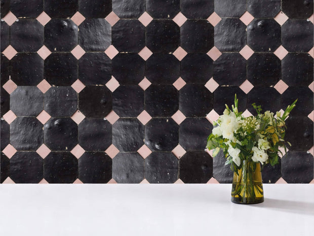 Handcrafted Black & Pink Moroccan Zellige Tiles – Octagon & Bouchon Patterns