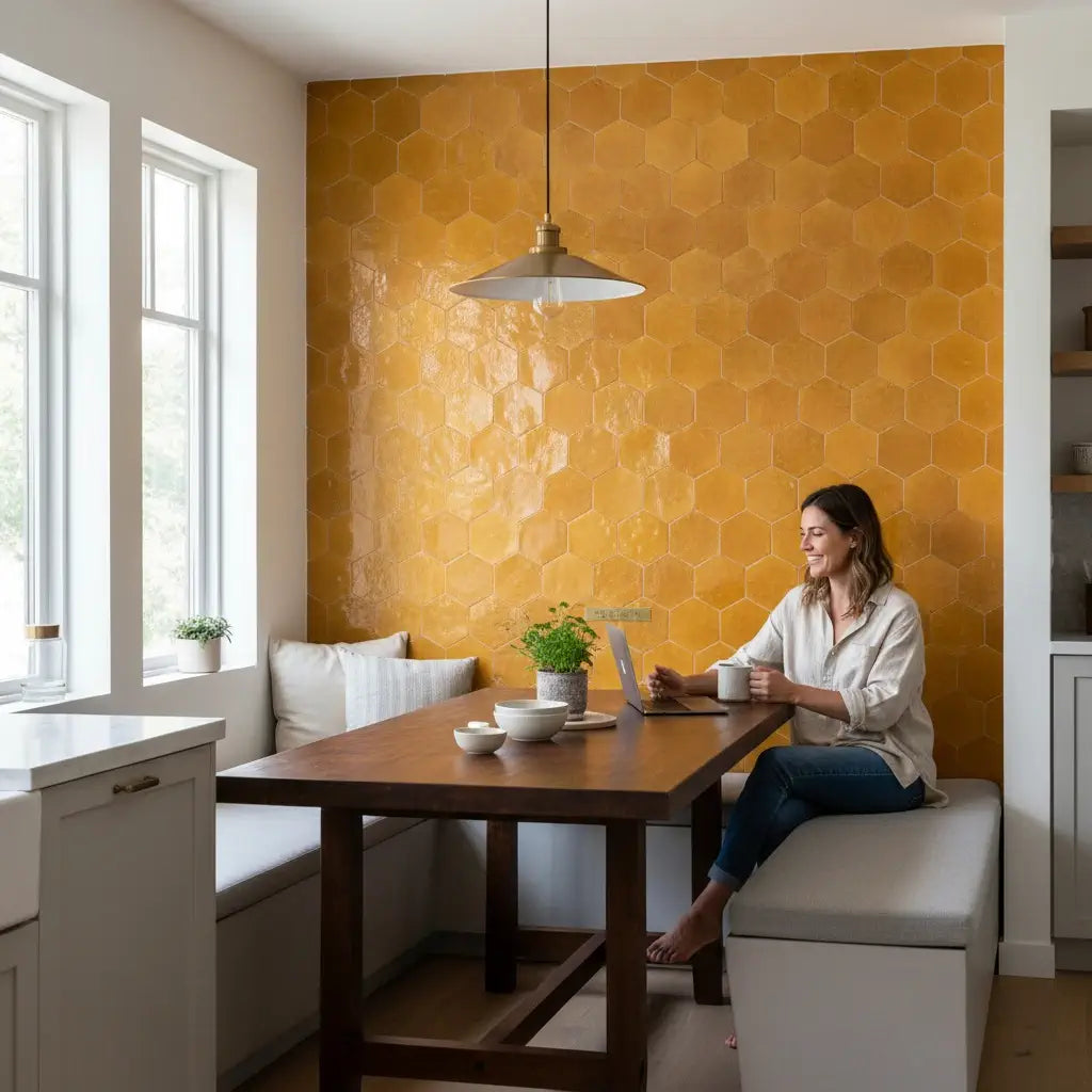 Handmade saffron yellow hexagon Moroccan zellige tiles with natural glaze variation
