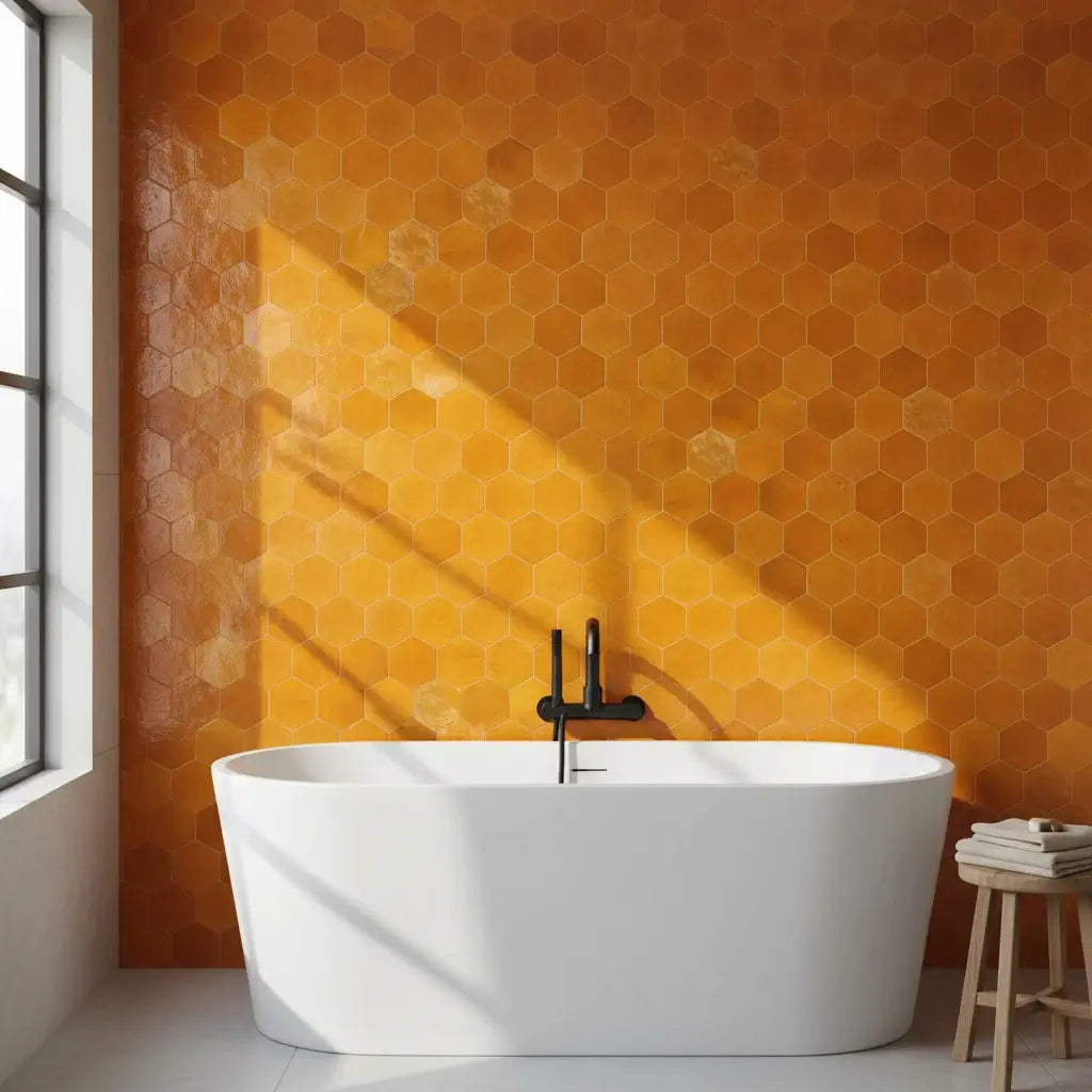 Handmade saffron yellow hexagon Moroccan zellige tiles with natural glaze variation