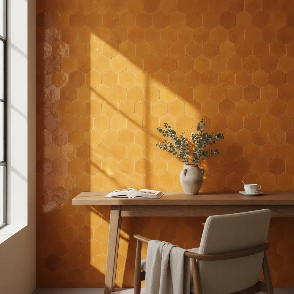 Handmade saffron yellow hexagon Moroccan zellige tiles with natural glaze variation