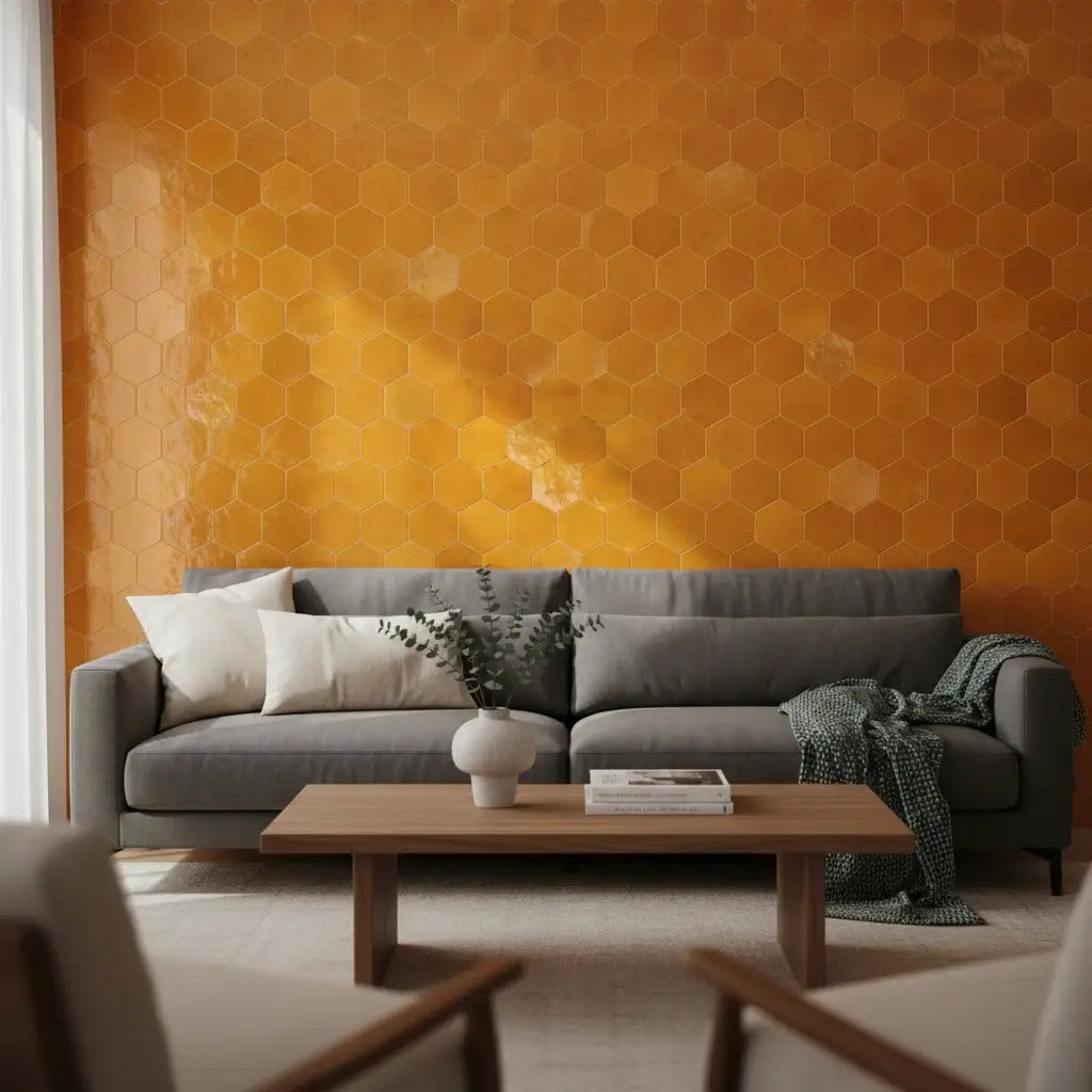 Handmade saffron yellow hexagon Moroccan zellige tiles with natural glaze variation