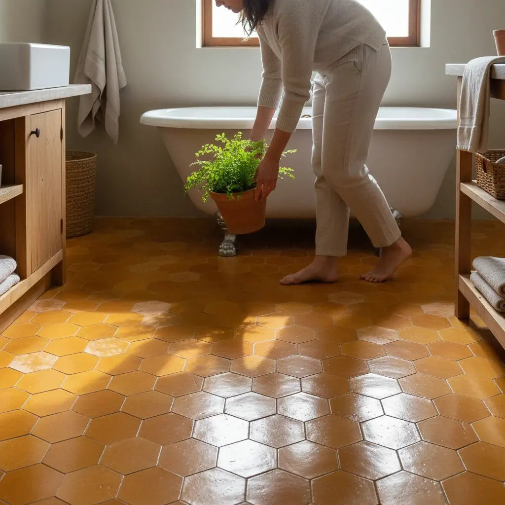 Handmade saffron yellow hexagon Moroccan zellige tiles with natural glaze variation