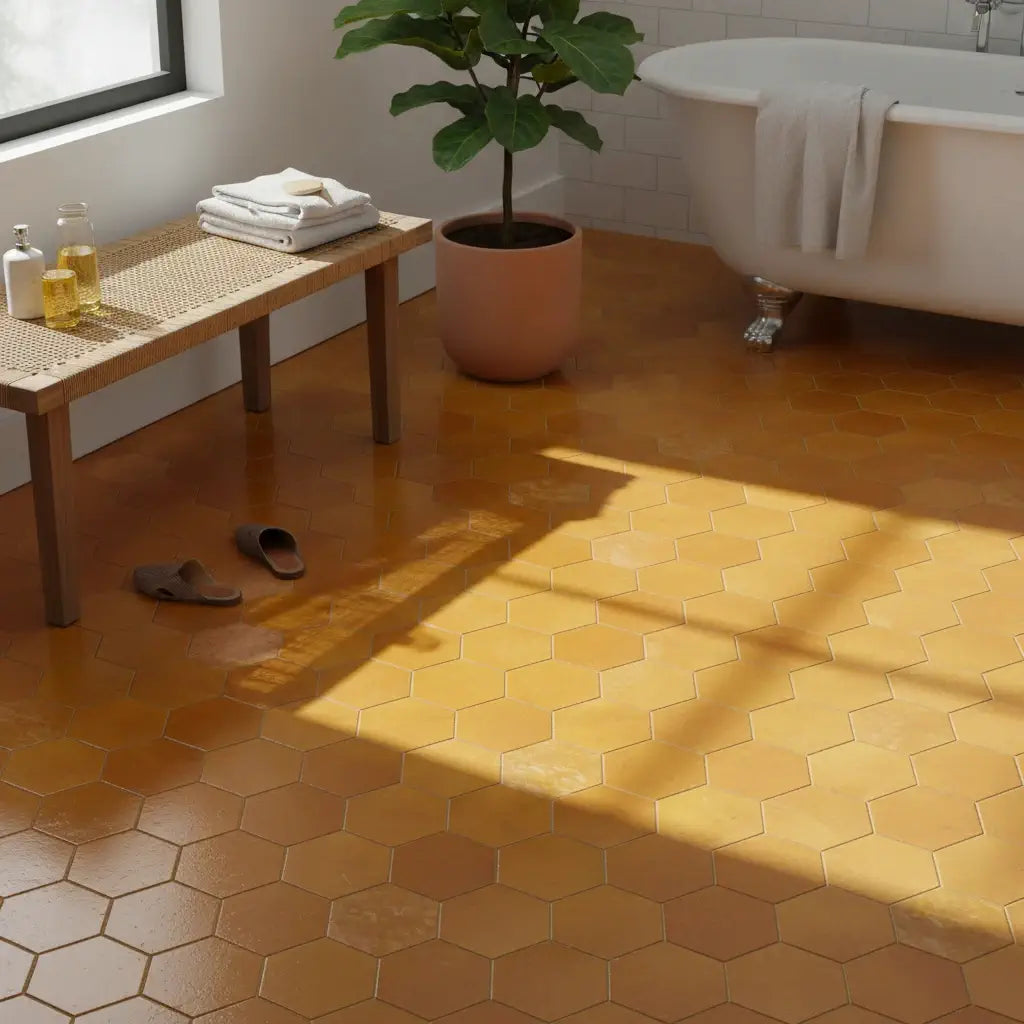 Handmade saffron yellow hexagon Moroccan zellige tiles with natural glaze variation